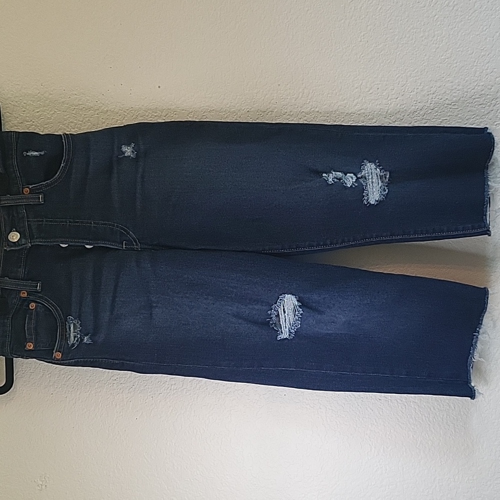 Levi's Ribcage Straight Ankle Blue Denim Jeans Distressed Sz 25 XS High Waisted